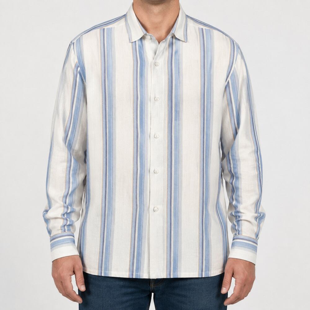 Tommy Bahama Shirt Men Large Blue White Silk Striped Textured Long Sleeve